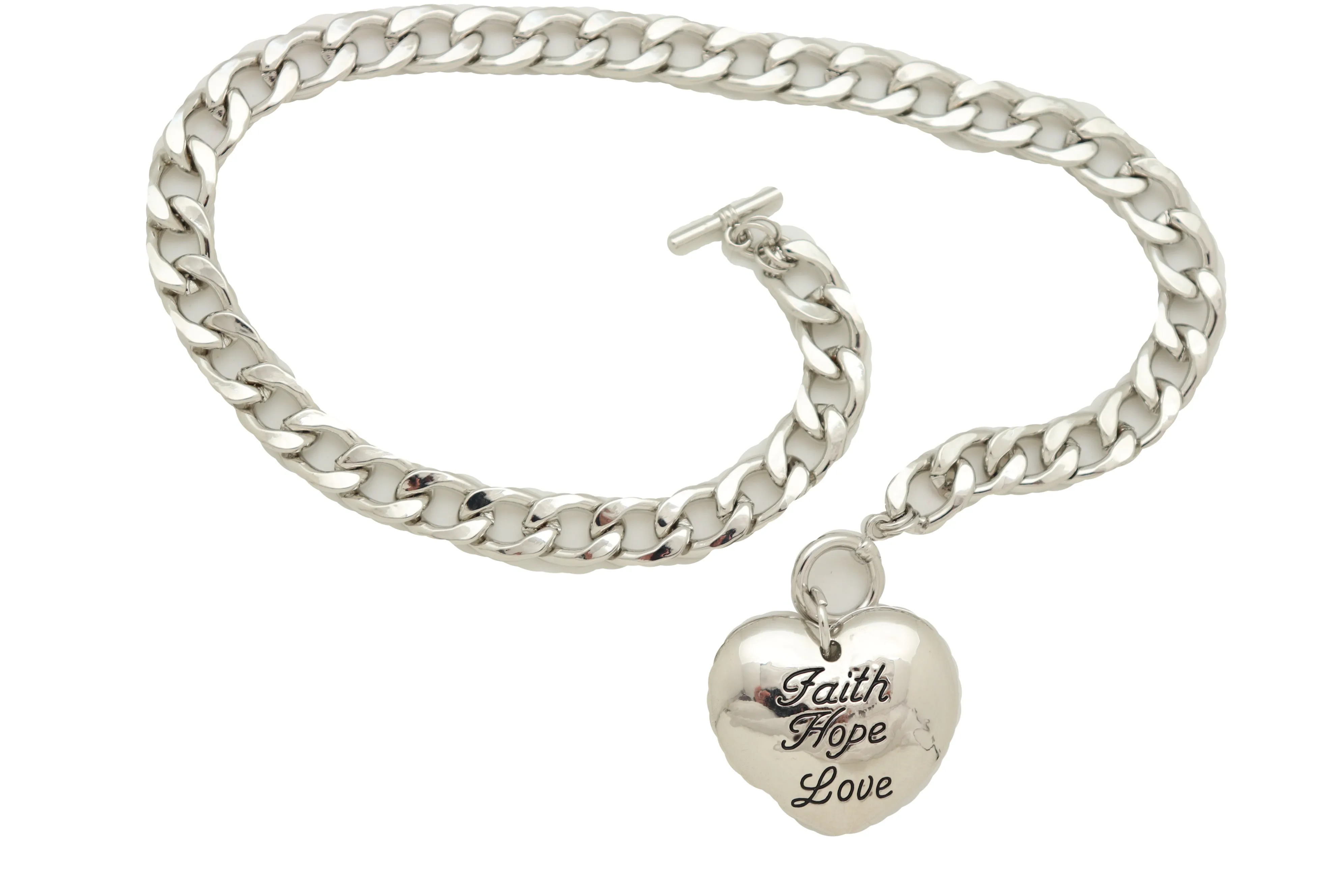 Women Silver Metal Chain Necklace Heart Pendant Faith Hope Love Friendship Gift