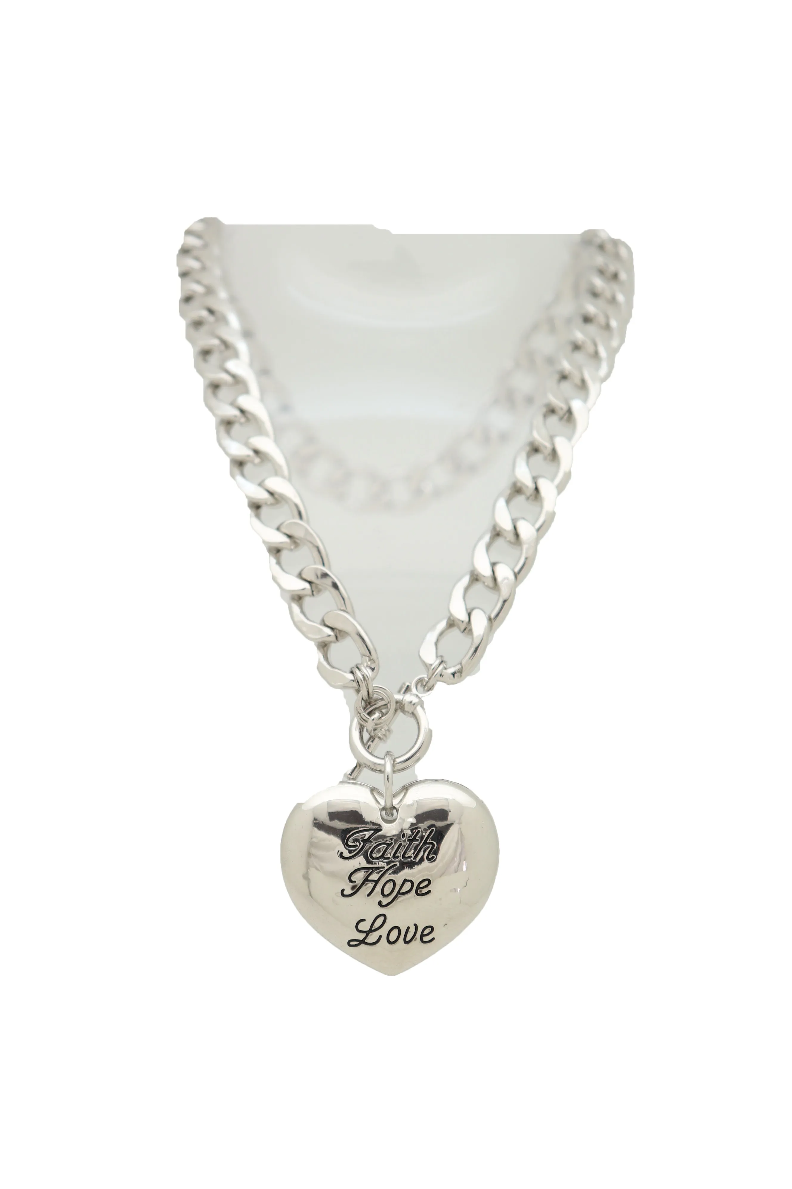 Women Silver Metal Chain Necklace Heart Pendant Faith Hope Love Friendship Gift