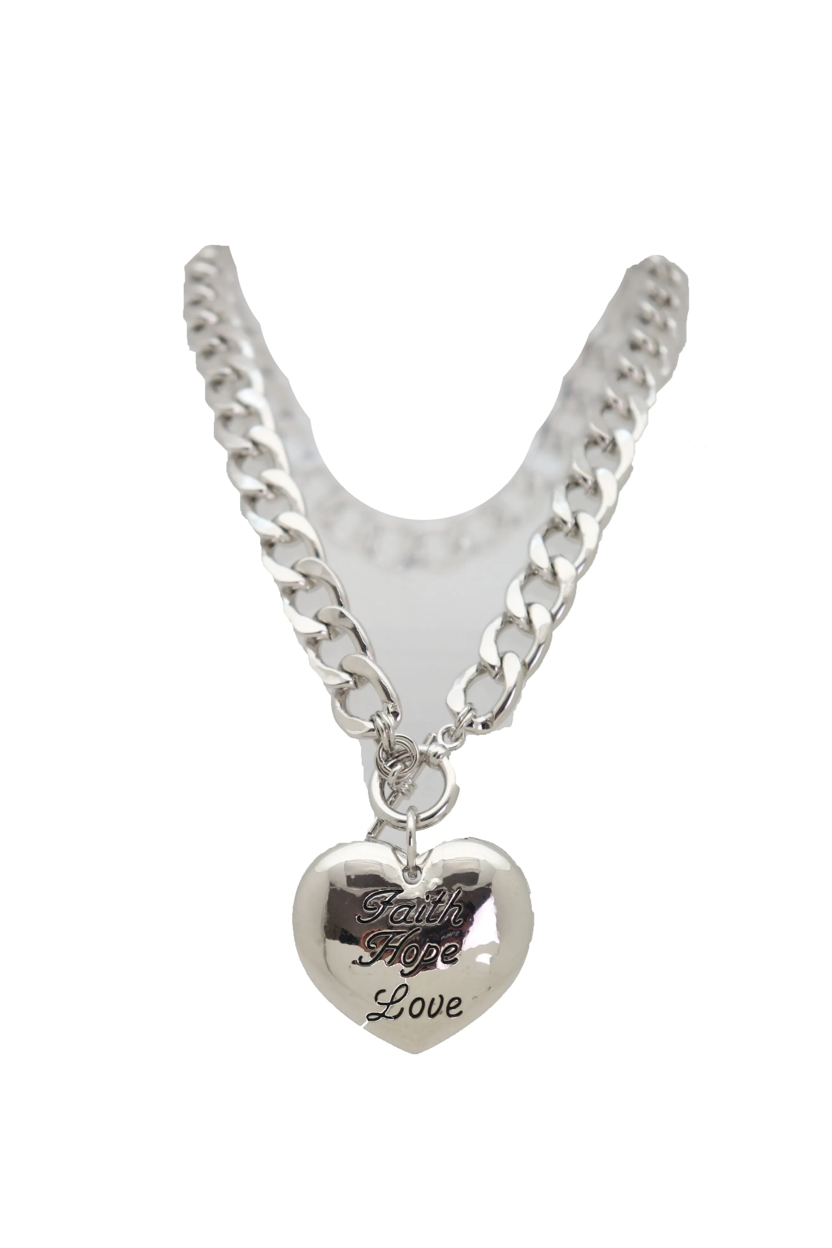 Women Silver Metal Chain Necklace Heart Pendant Faith Hope Love Friendship Gift