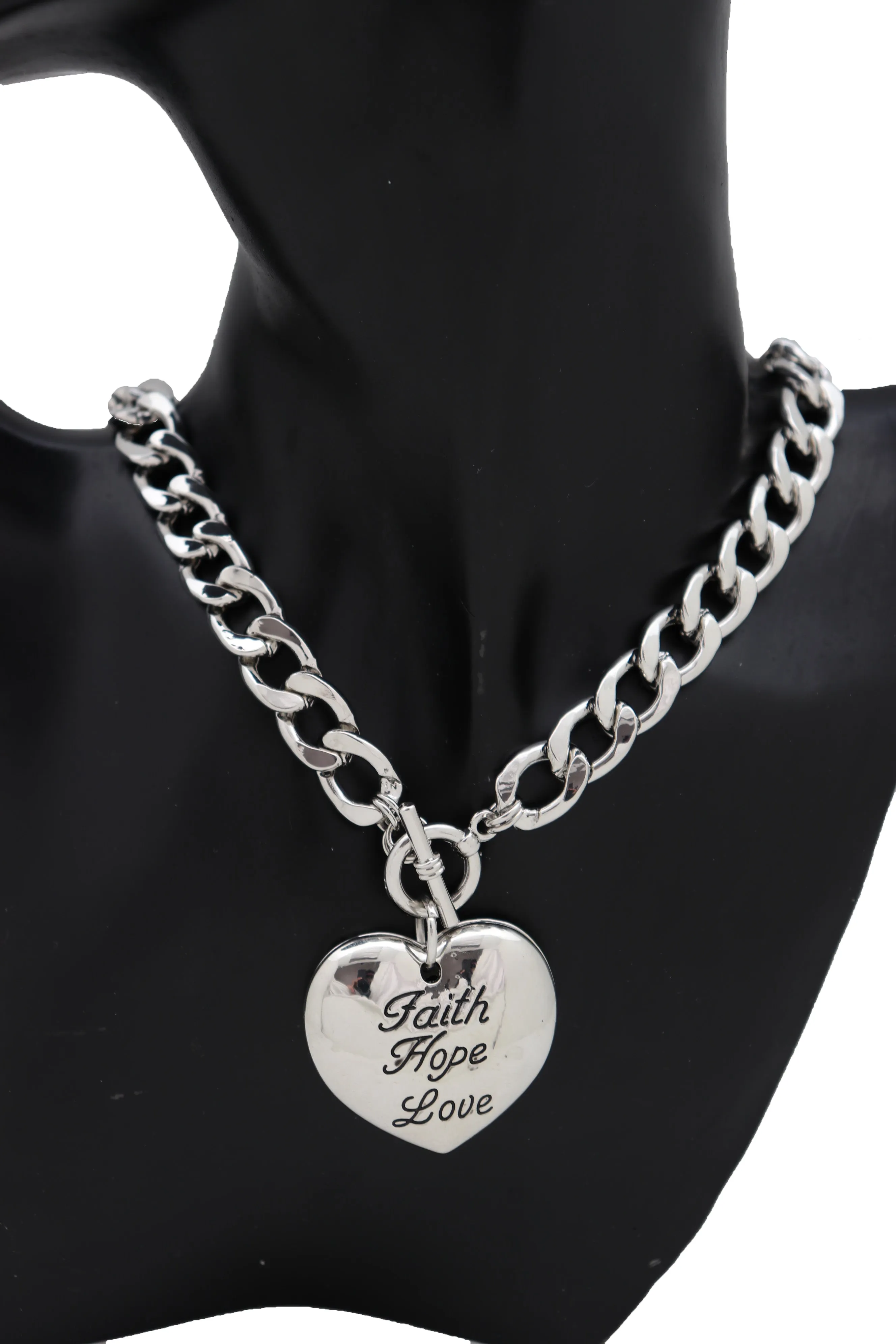 Women Silver Metal Chain Necklace Heart Pendant Faith Hope Love Friendship Gift