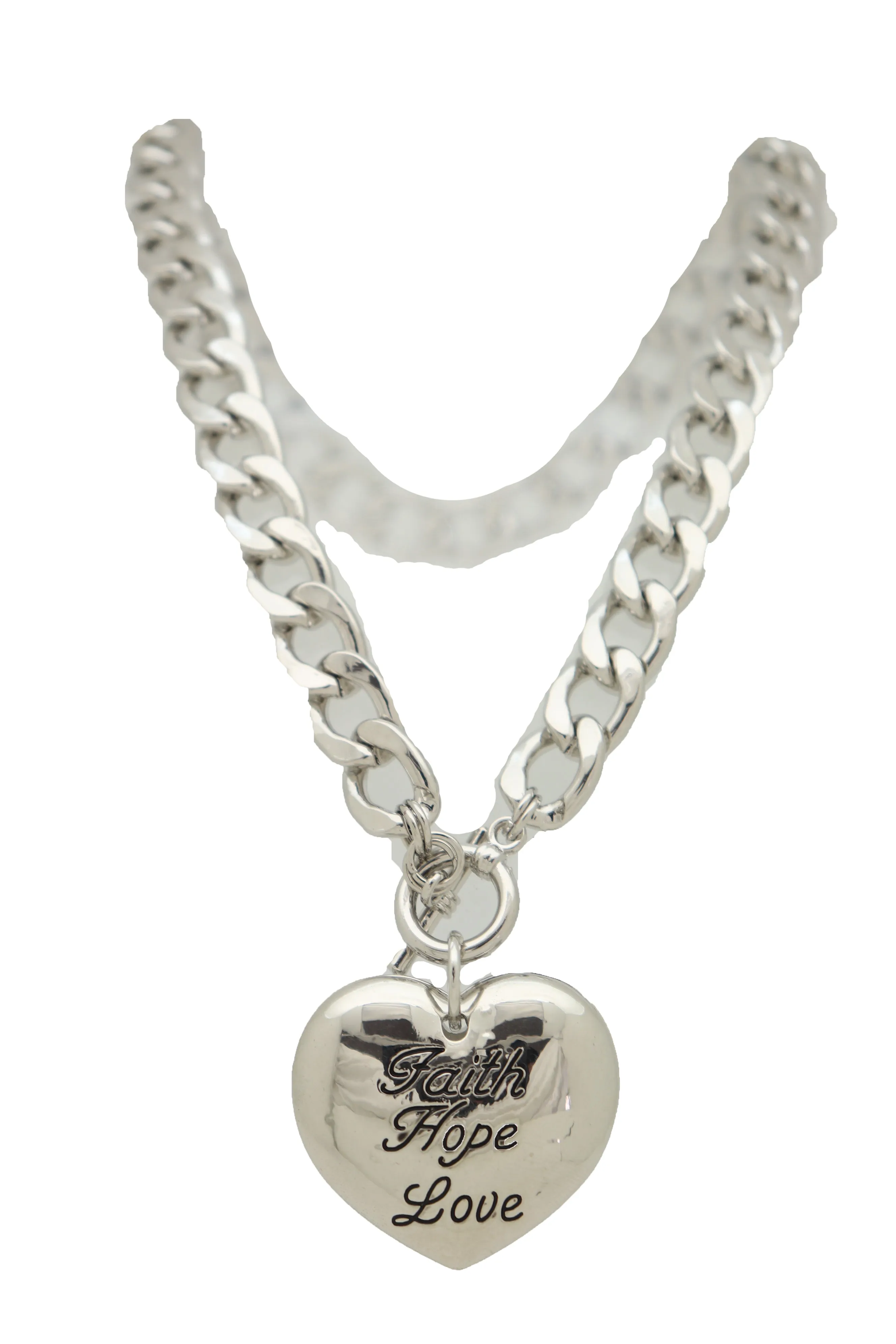 Women Silver Metal Chain Necklace Heart Pendant Faith Hope Love Friendship Gift