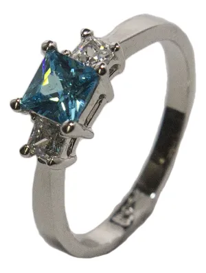 Women's Rhodium Plated Dress Ring Princess Cut Blue CZ 018