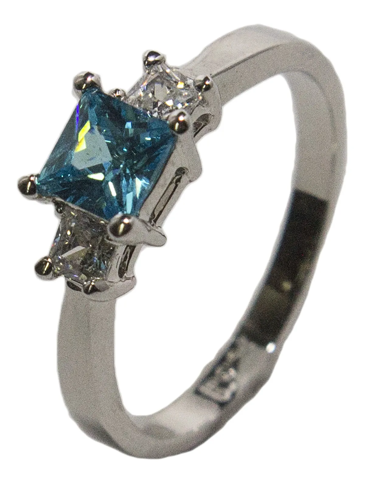 Women's Rhodium Plated Dress Ring Princess Cut Blue CZ 018