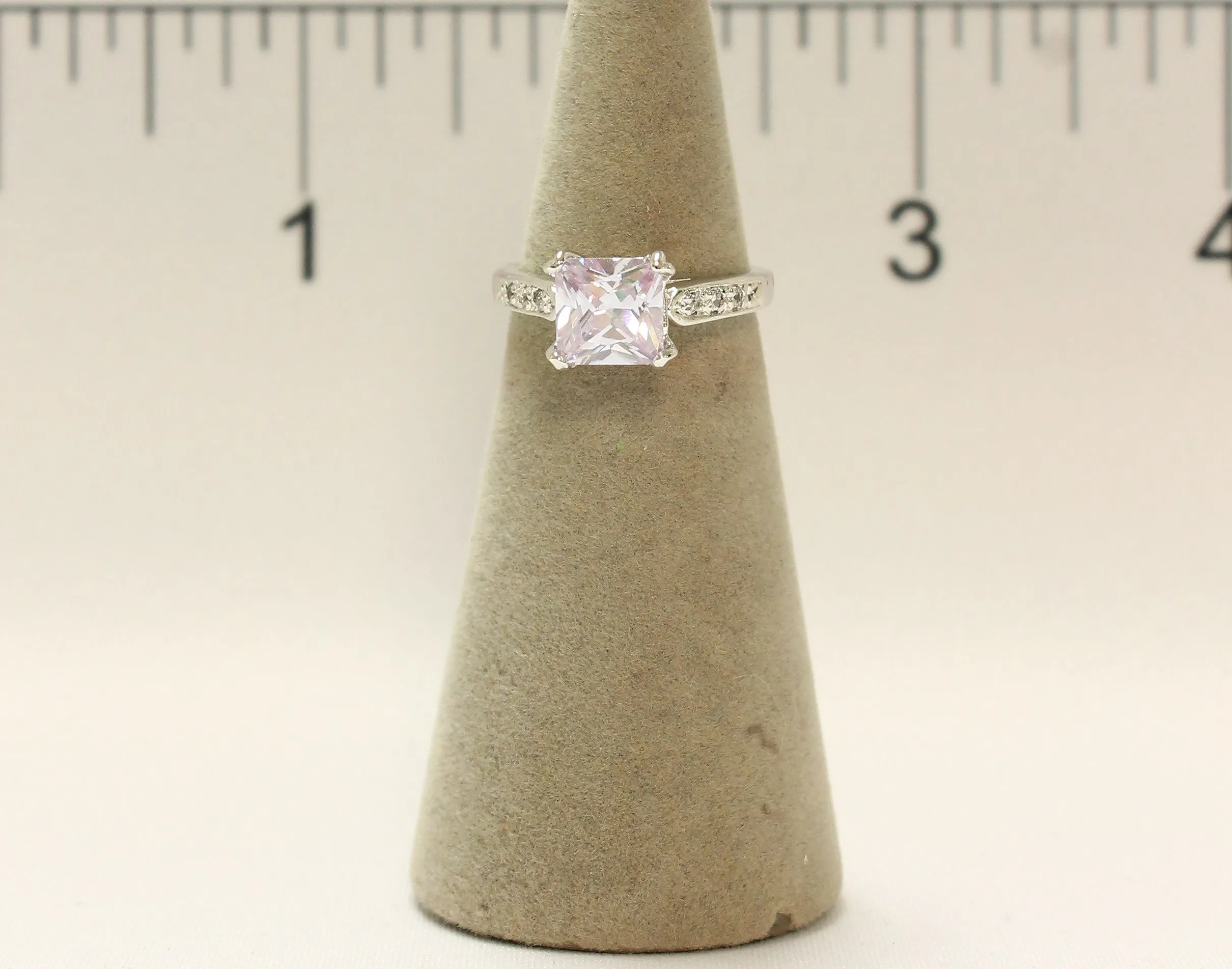 Women's Rhodium Plated Dress Ring Princess Cut Lavender CZ 116