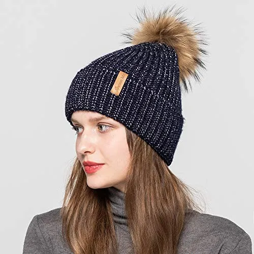 Womens Winter Beanie Hat Fur Pom Pom Beanie Knitted Hat Skull Caps