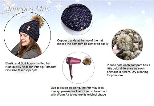 Womens Winter Beanie Hat Fur Pom Pom Beanie Knitted Hat Skull Caps