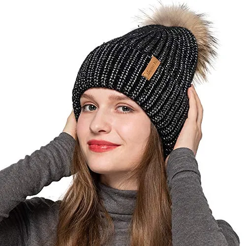 Womens Winter Beanie Hat Fur Pom Pom Beanie Knitted Hat Skull Caps