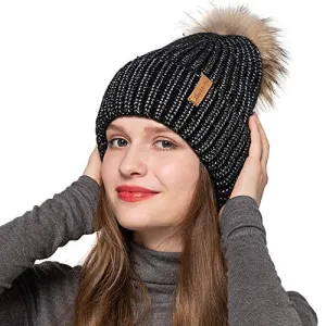 Womens Winter Beanie Hat Fur Pom Pom Beanie Knitted Hat Skull Caps