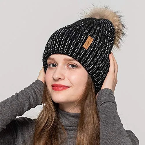 Womens Winter Beanie Hat Fur Pom Pom Beanie Knitted Hat Skull Caps