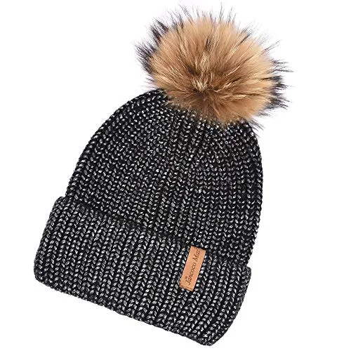 Womens Winter Beanie Hat Fur Pom Pom Beanie Knitted Hat Skull Caps